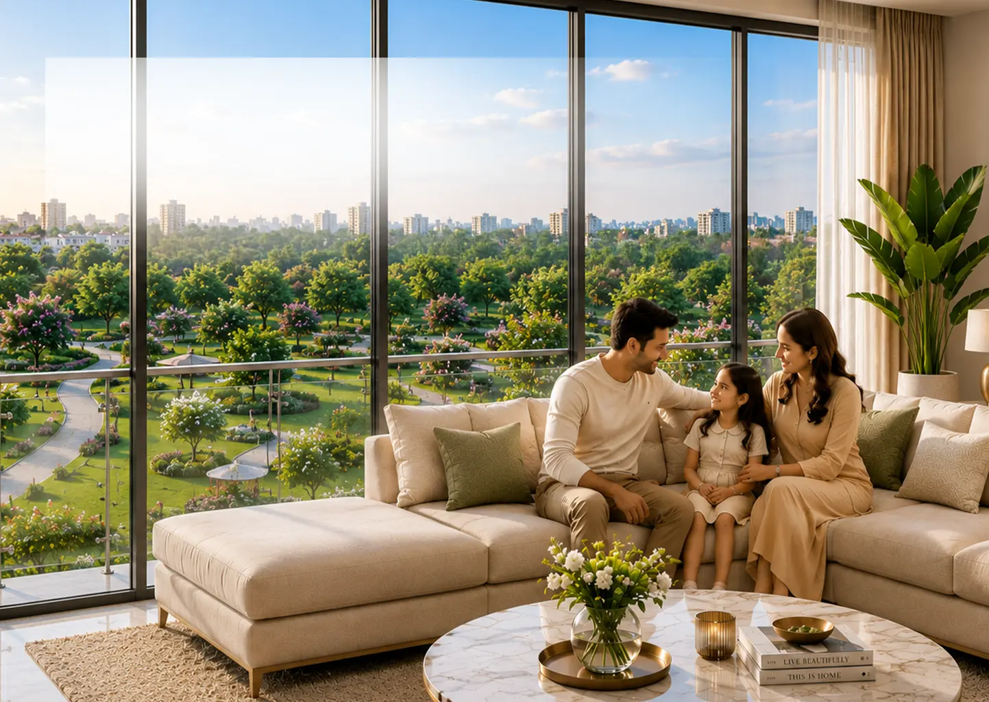 Family living room view facing lush garden